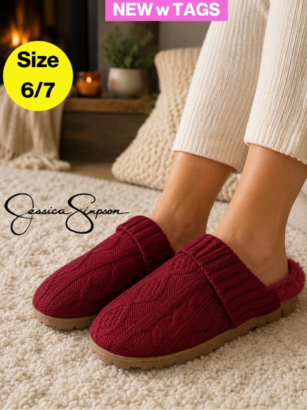 JESSICA SIMPSON🧣Cozy, Plush Burgundy Cable Knit, Fur Slippers (Size 6/7)